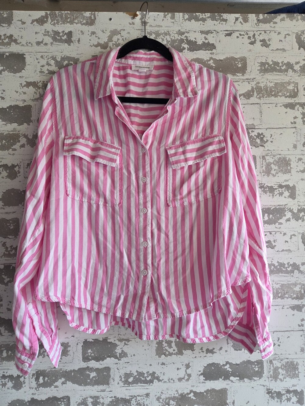 beachlunchlounge Pink White Striped Rayon Button Up Top XL